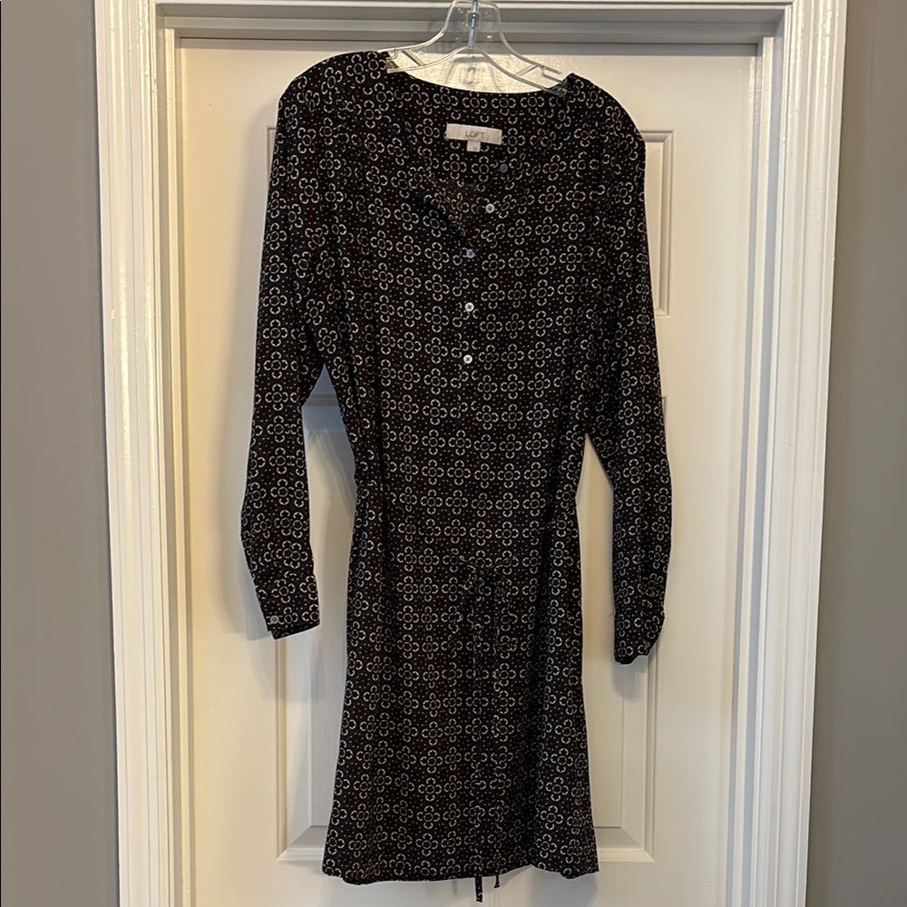 LOFT Brown, Cream and Burgundy Patterned Shirt Dress